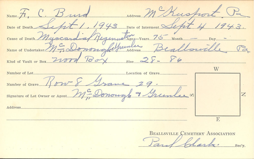 F. C. Burd Burial card